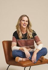 Faux Whipstitch Colorblock Knit Crewneck Sweater, C1246, small