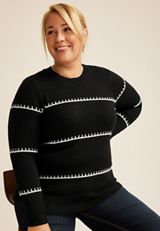 Plus Size Faux Whipstitch Colorblock Knit Crewneck Sweater, C1756, small