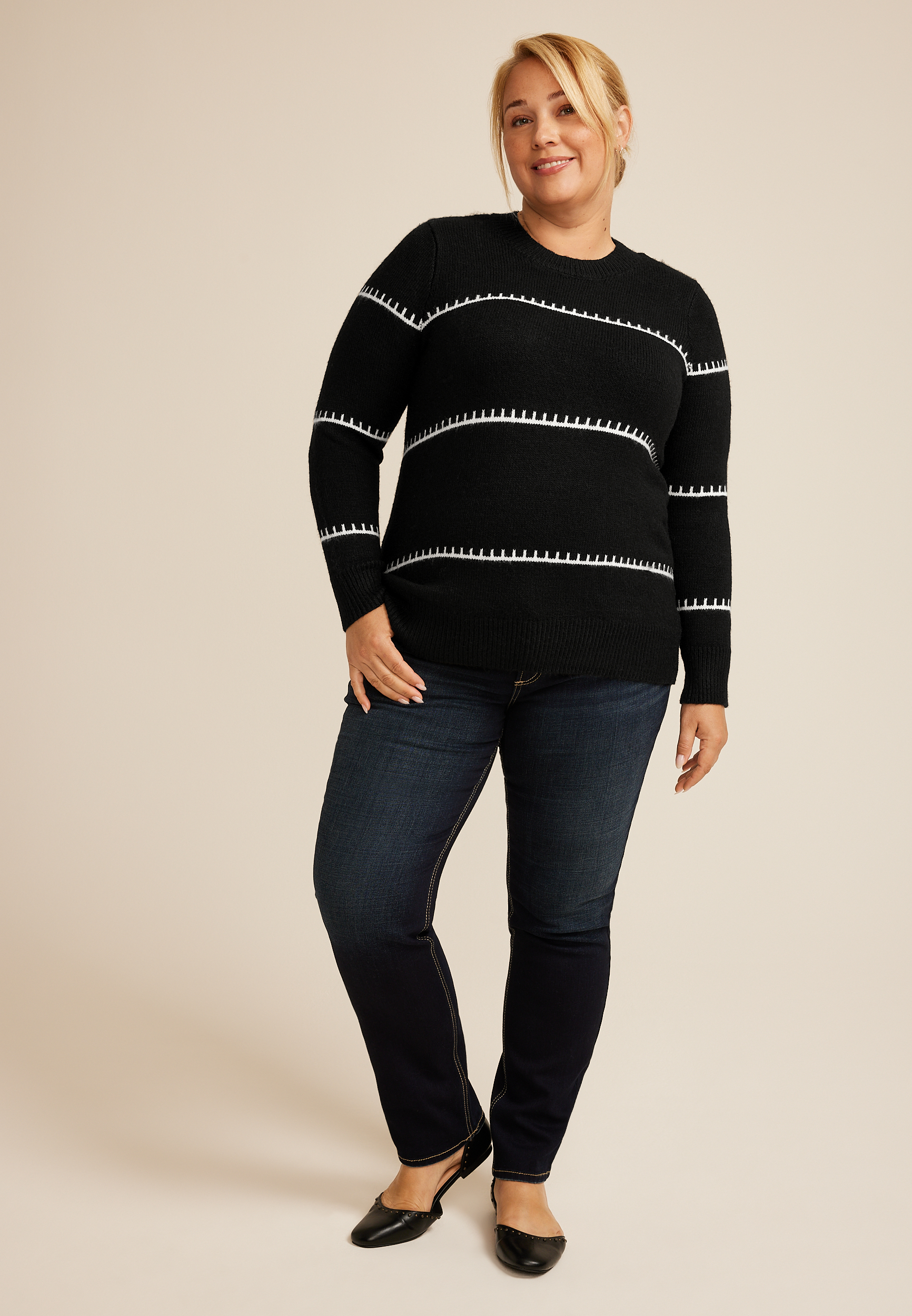 Plus Size Faux Whipstitch Colorblock Knit Crewneck Sweater, C1756, large