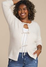 Plus Size Bow Tie Front Cardigan, OATMEAL HEATHER, small