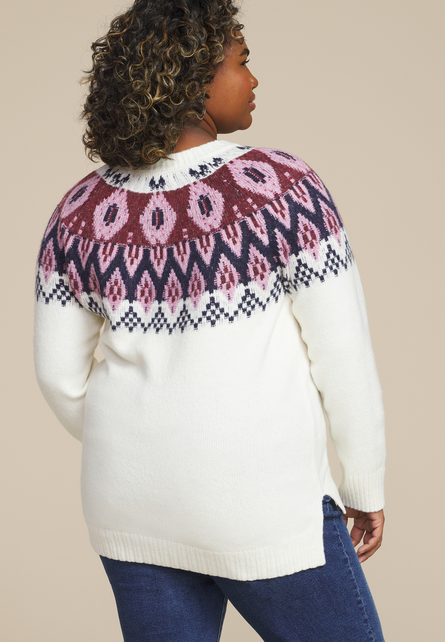 Plus Size Abstract Fair Isle Mock Neck Sweater, , large