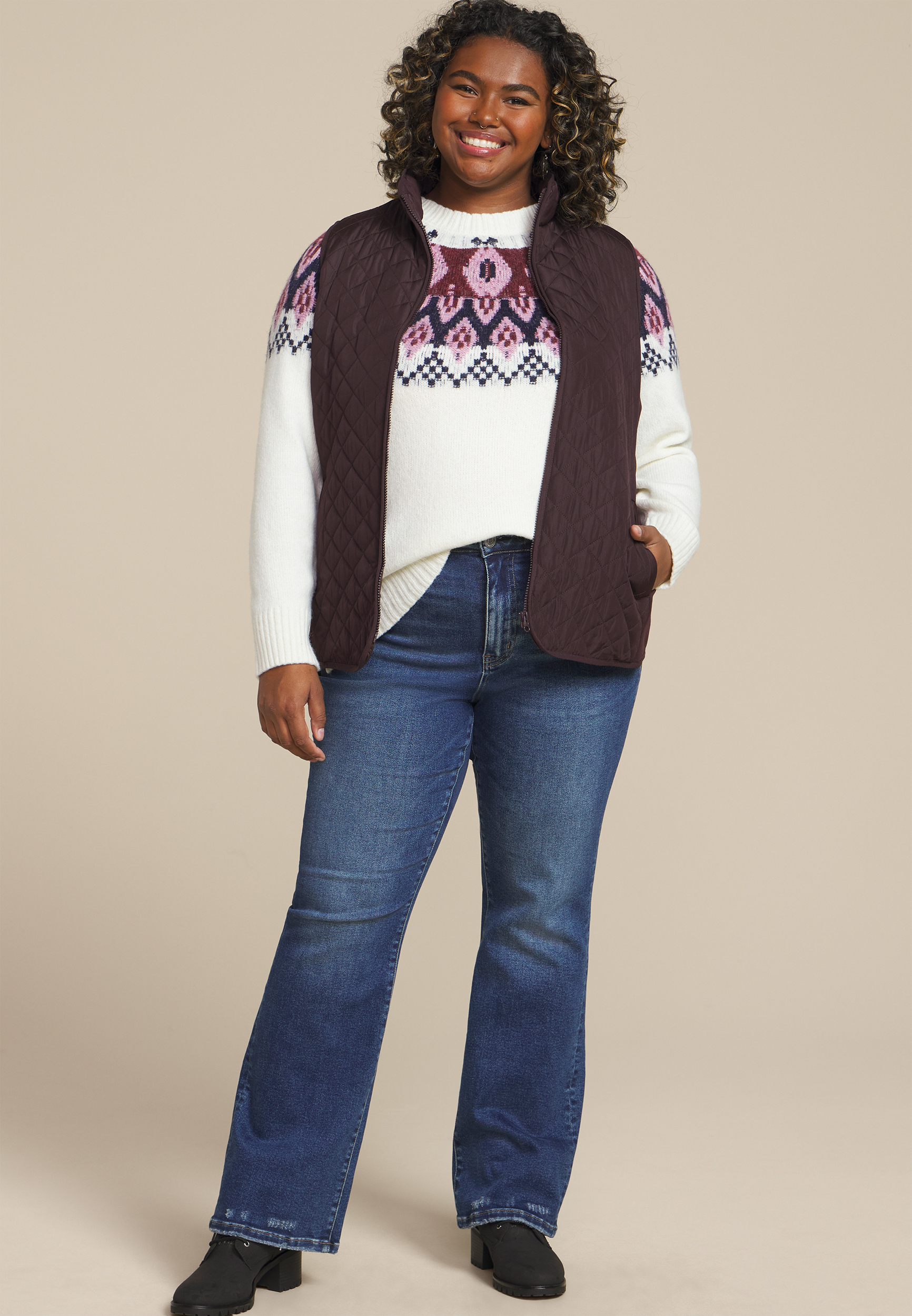 Plus Size Abstract Fair Isle Mock Neck Sweater, , large