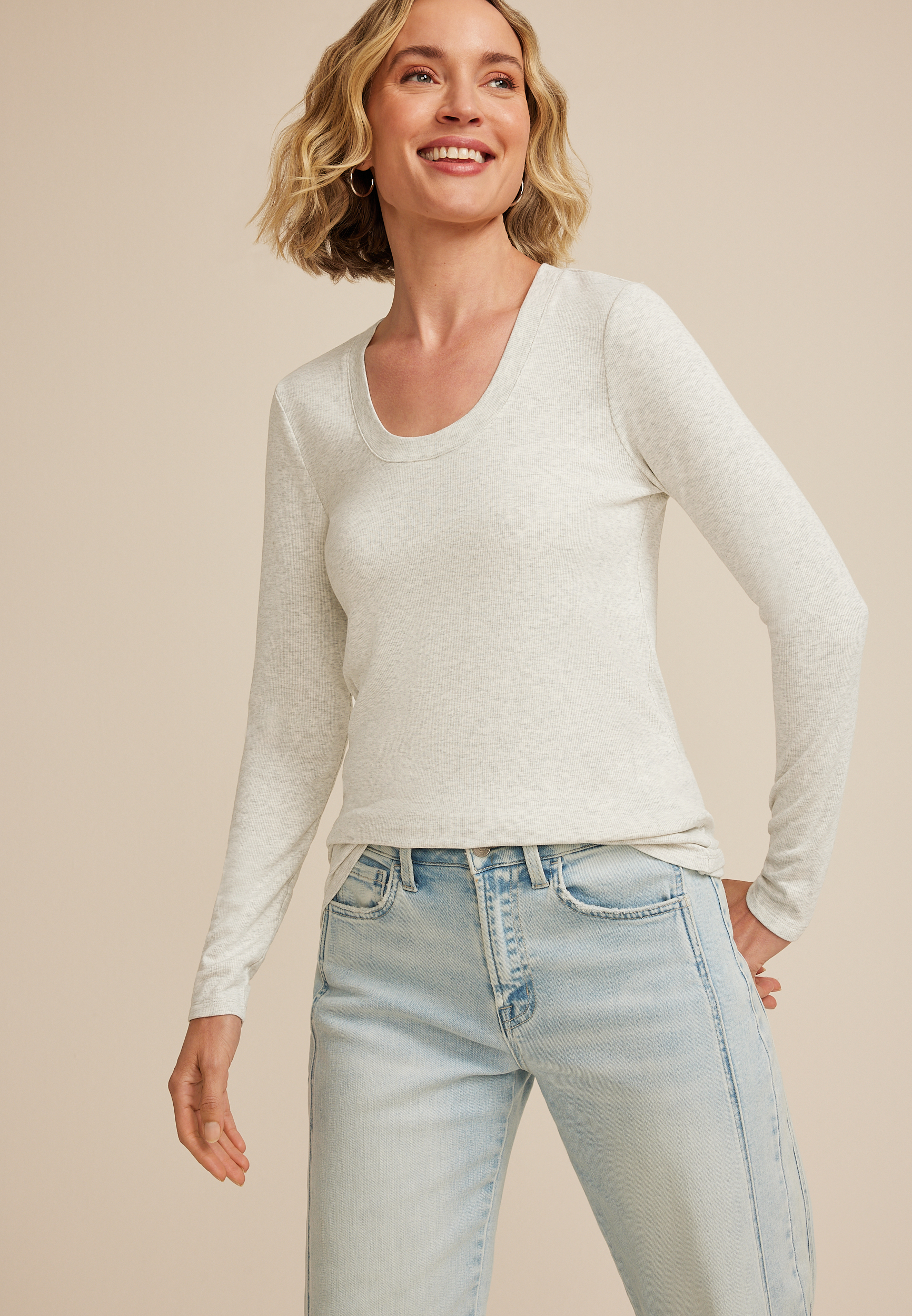 24/7 Brushed Ribbed Scoop Neck Tee, LIGHT HEATHER GRAY, large