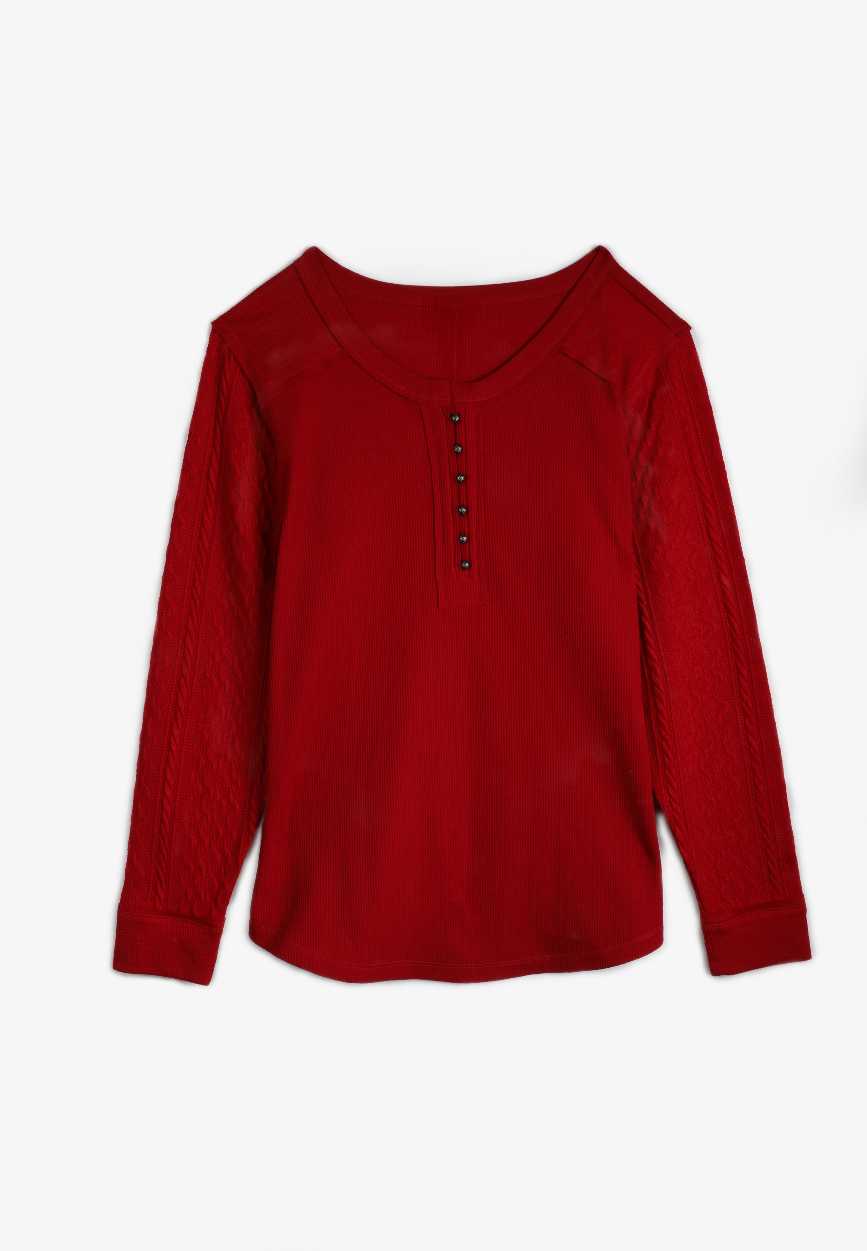 Red Cable Knit Henley Long Sleeve Tee