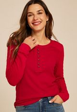 Red Cable Knit Henley Long Sleeve Tee, REBEL RED, small