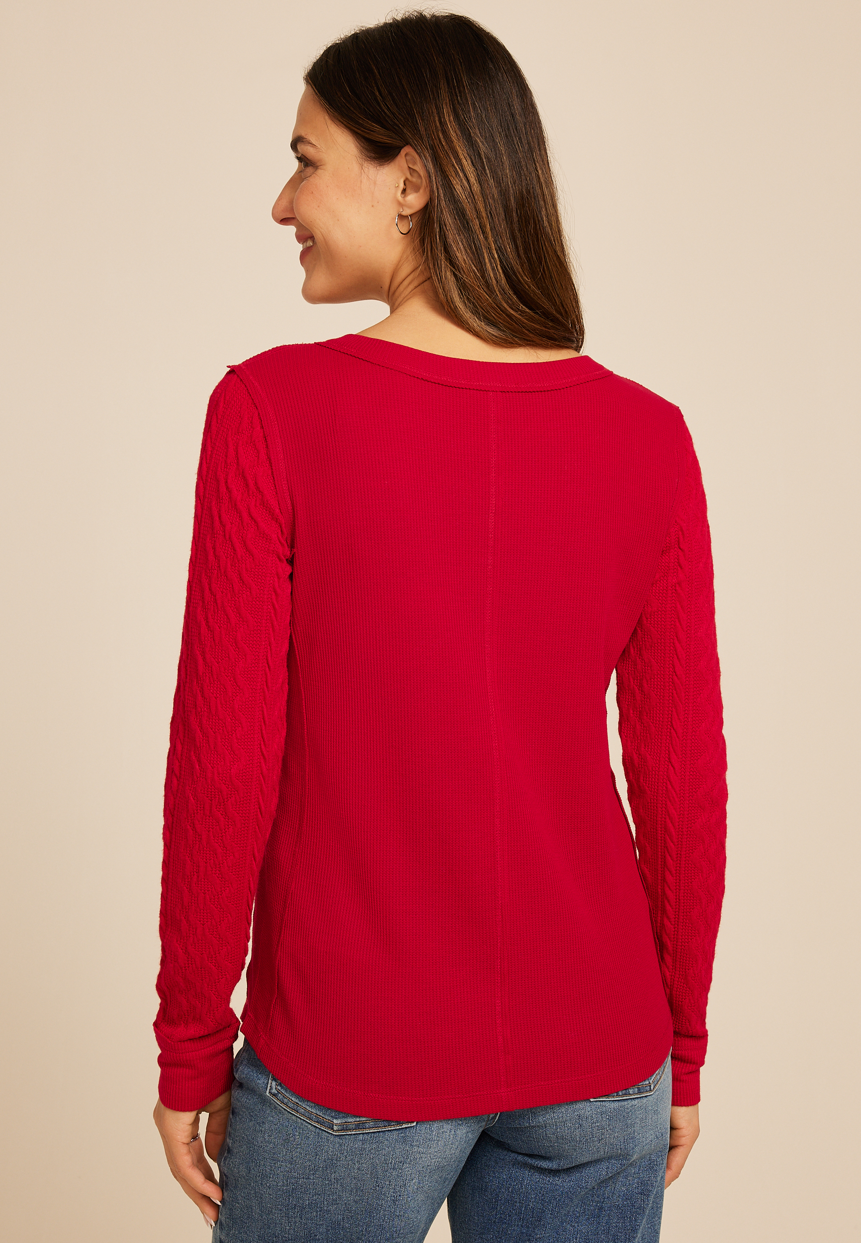 Red Cable Knit Henley Long Sleeve Tee, REBEL RED, large