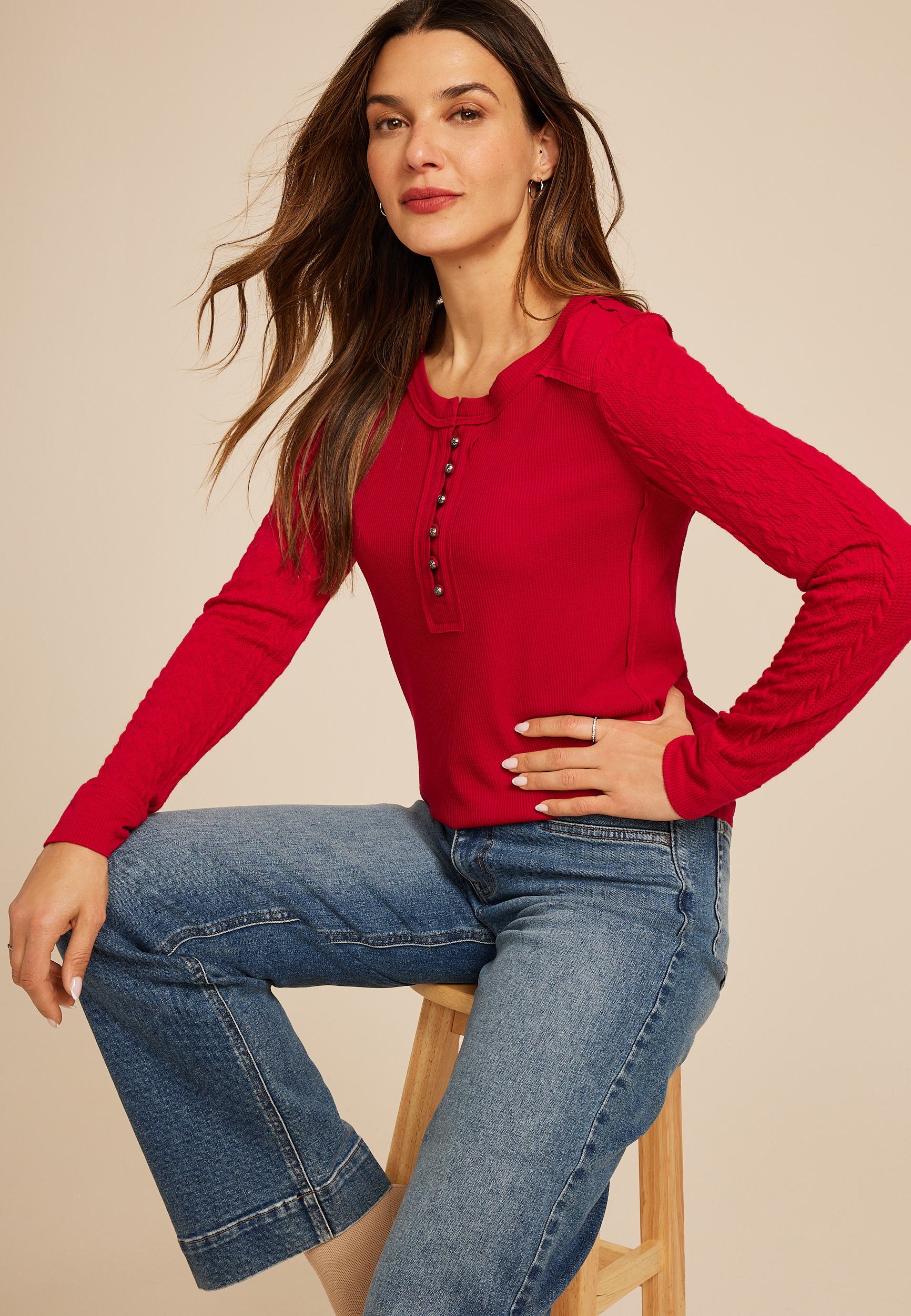 Red Cable Knit Henley Long Sleeve Tee, REBEL RED, large