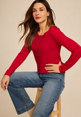 Red Cable Knit Henley Long Sleeve Tee, REBEL RED, small