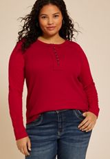 Plus Size Red Cable Knit Henley Long Sleeve Tee, REBEL RED, small