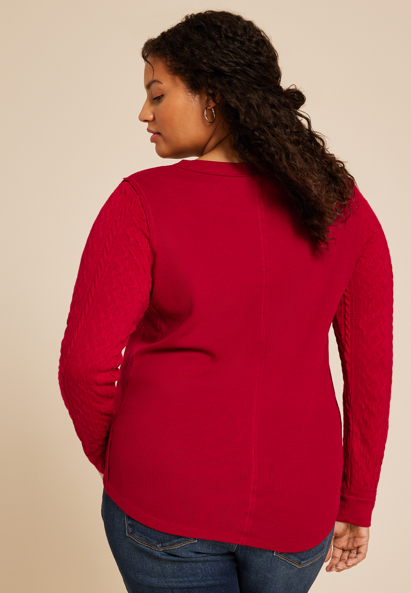Plus Size Red Cable Knit Henley Long Sleeve Tee, REBEL RED, large