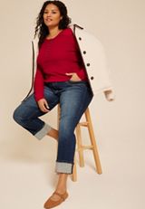 Plus Size Red Cable Knit Henley Long Sleeve Tee, REBEL RED, small