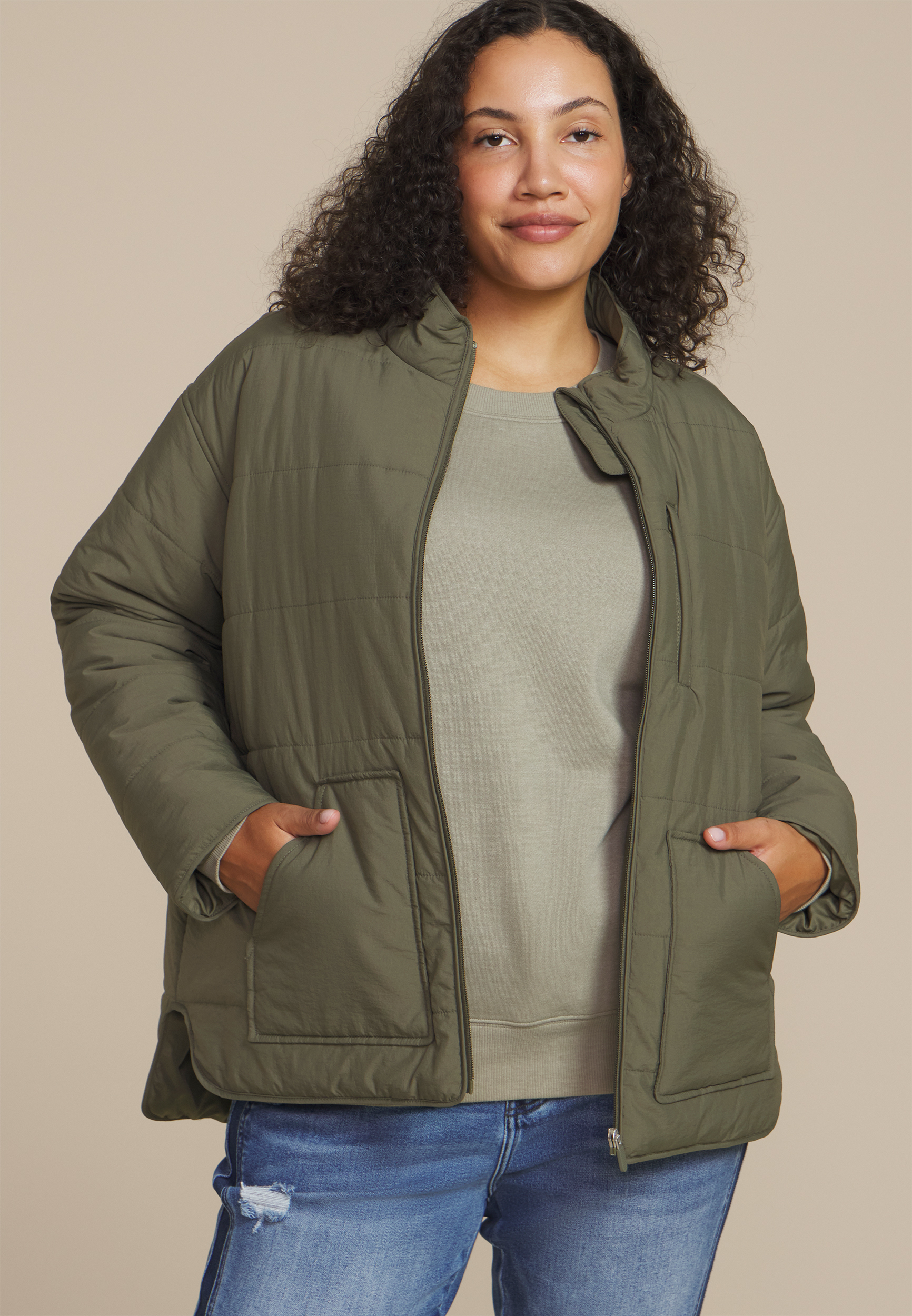 Plus Size Quilted Knit Hooded Jacket