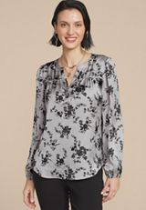 Gray Satin Floral Print Blouse, , small