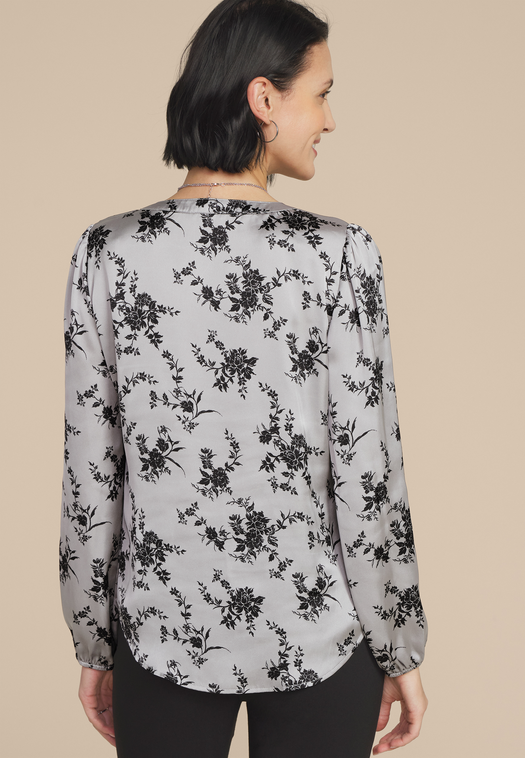 Gray Satin Floral Print Blouse, , large
