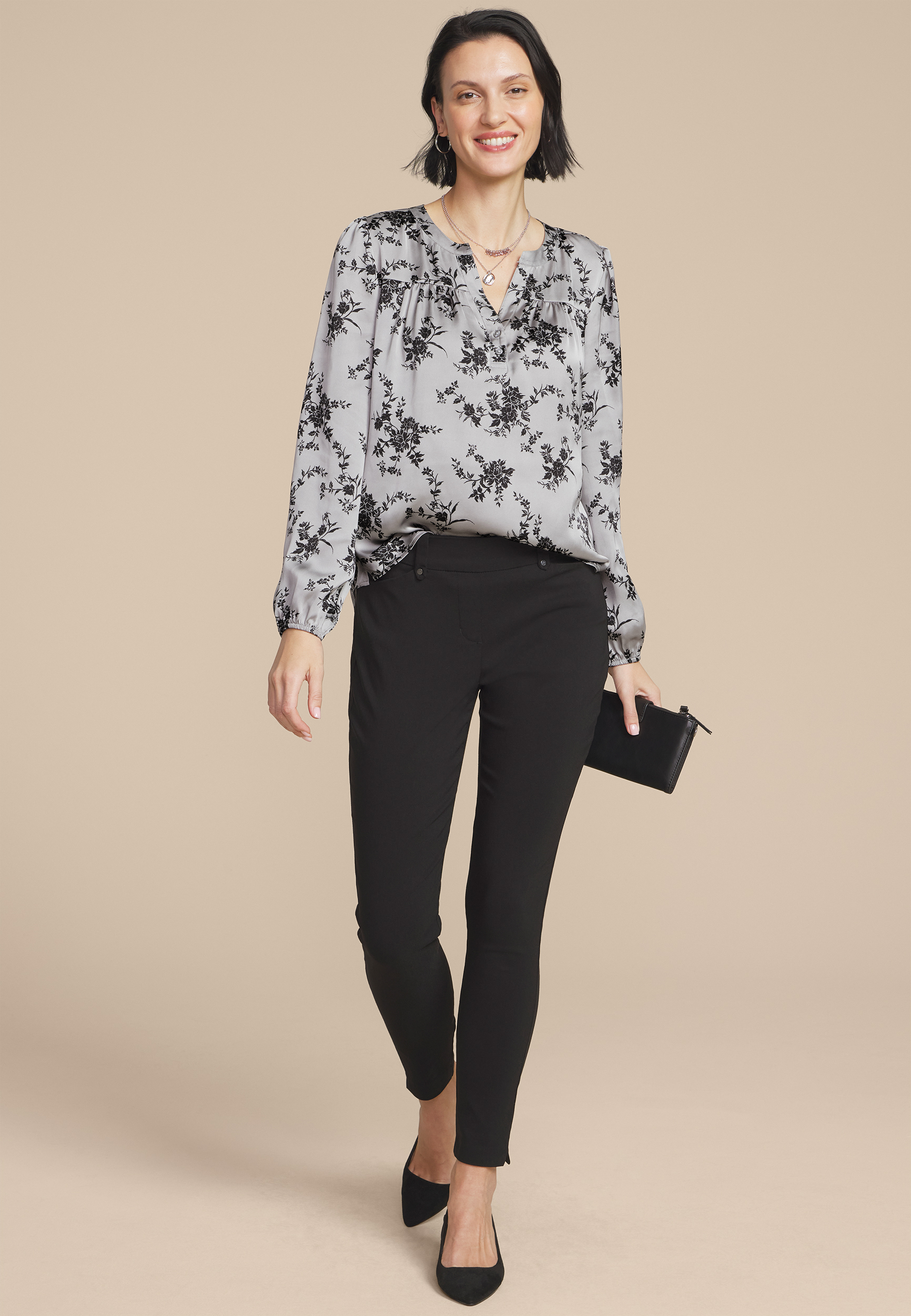 Gray Satin Floral Print Blouse, , large