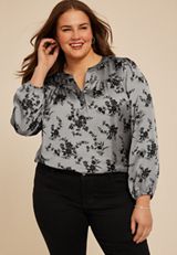 Plus Size Gray Satin Floral Print Blouse, , small