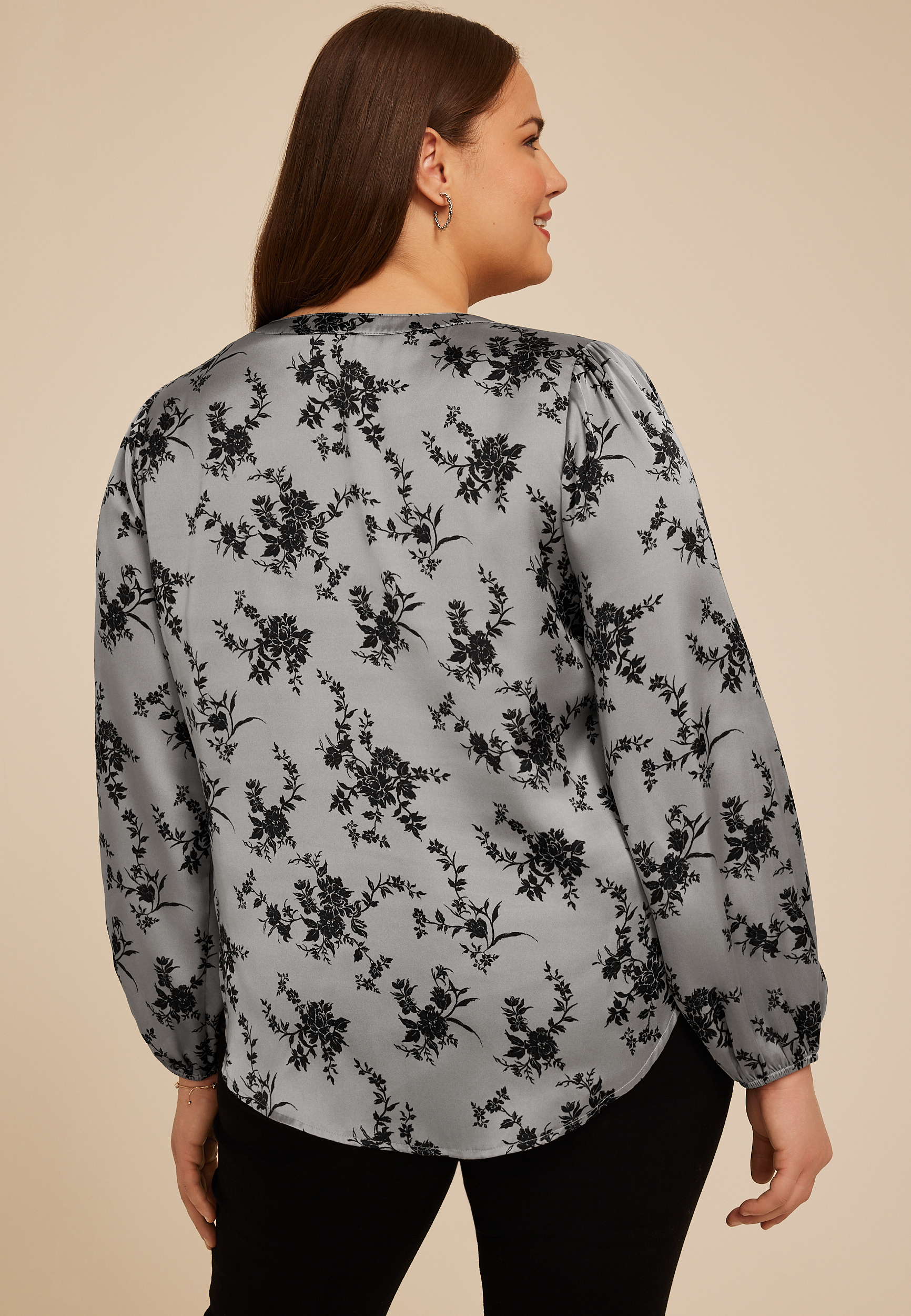 Plus Size Gray Satin Floral Print Blouse, , large