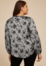 Plus Size Gray Satin Floral Print Blouse, , small