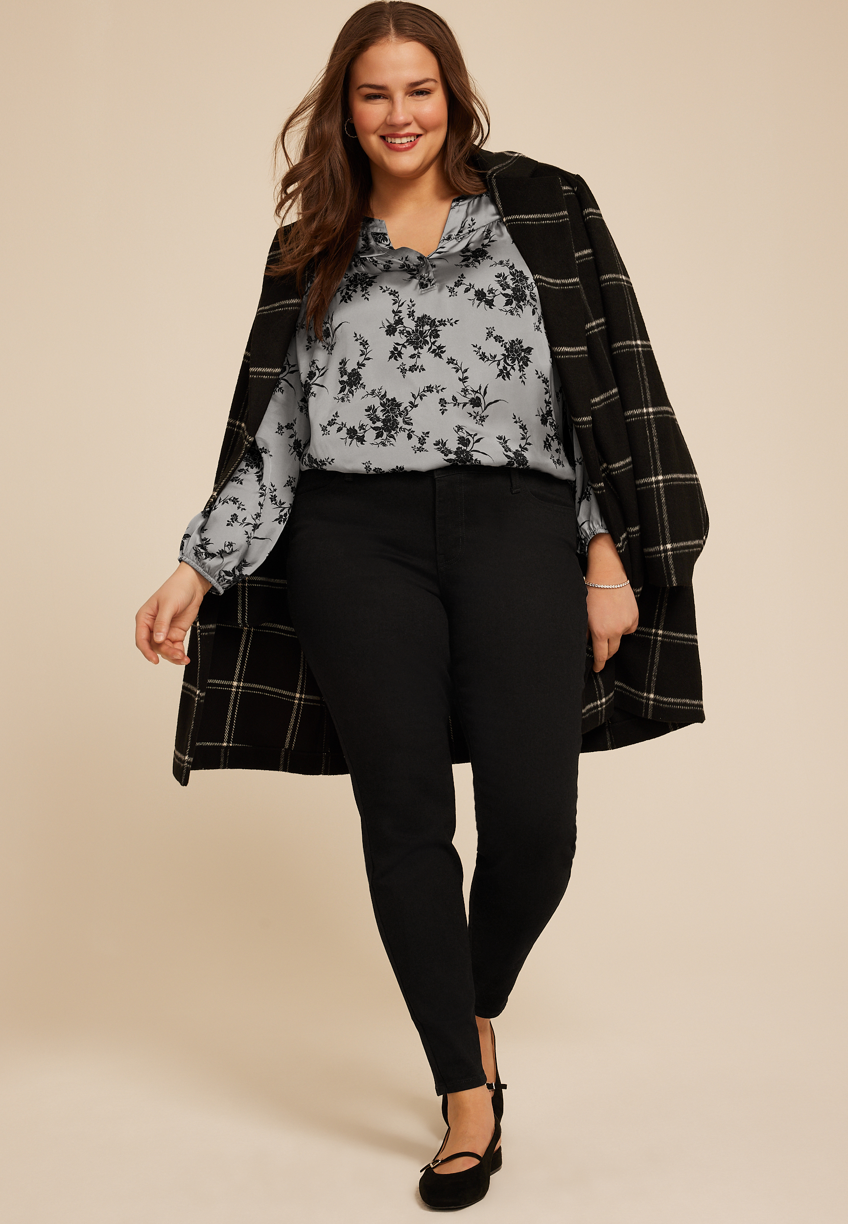 Plus Size Gray Satin Floral Print Blouse, , large