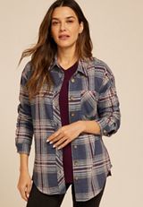 Plaid Boyfriend Tunic Button Down Shirt, C4131, small