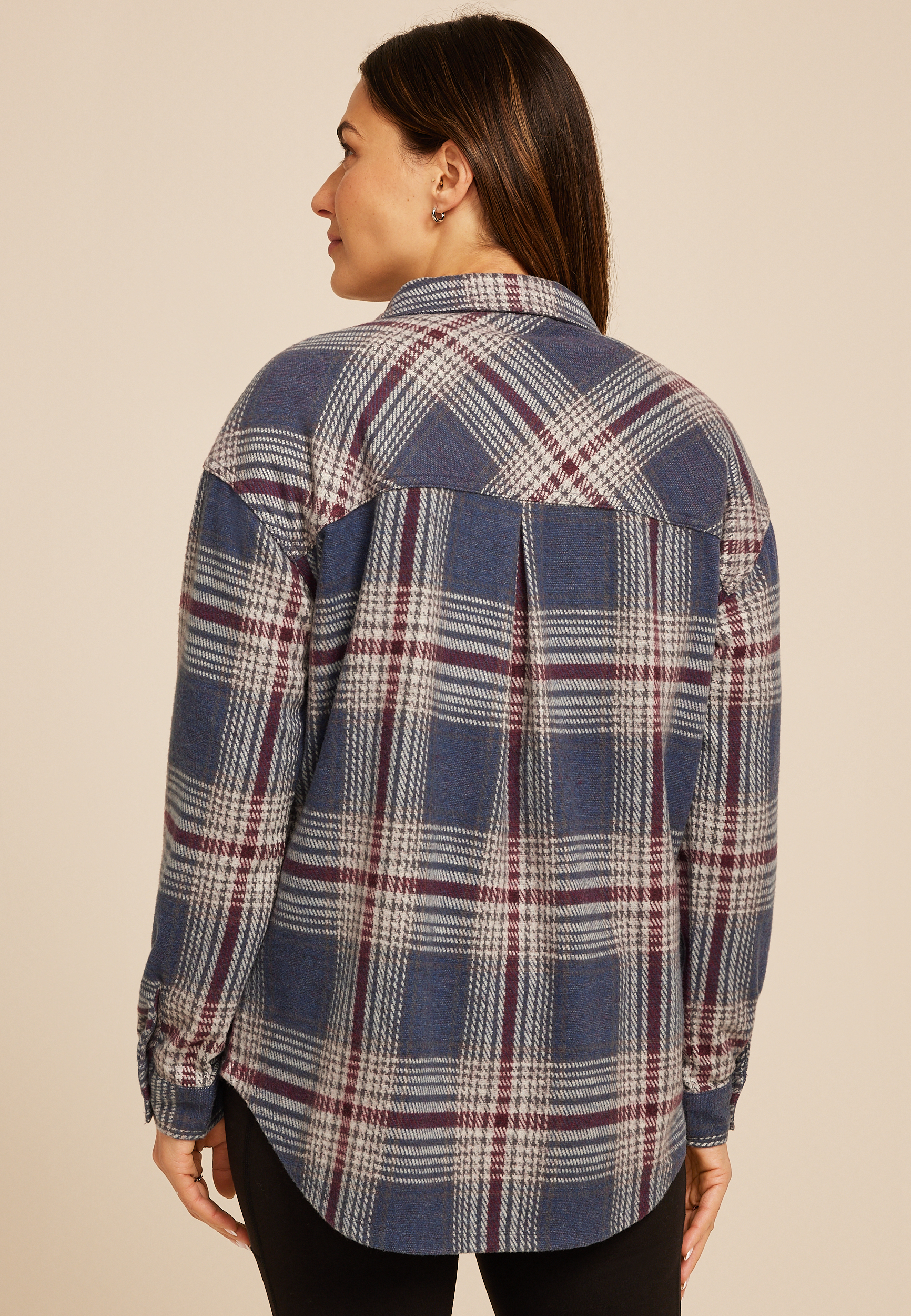 Plaid Boyfriend Tunic Button Down Shirt, C4131, large
