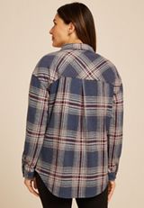 Plaid Boyfriend Tunic Button Down Shirt, C4131, small