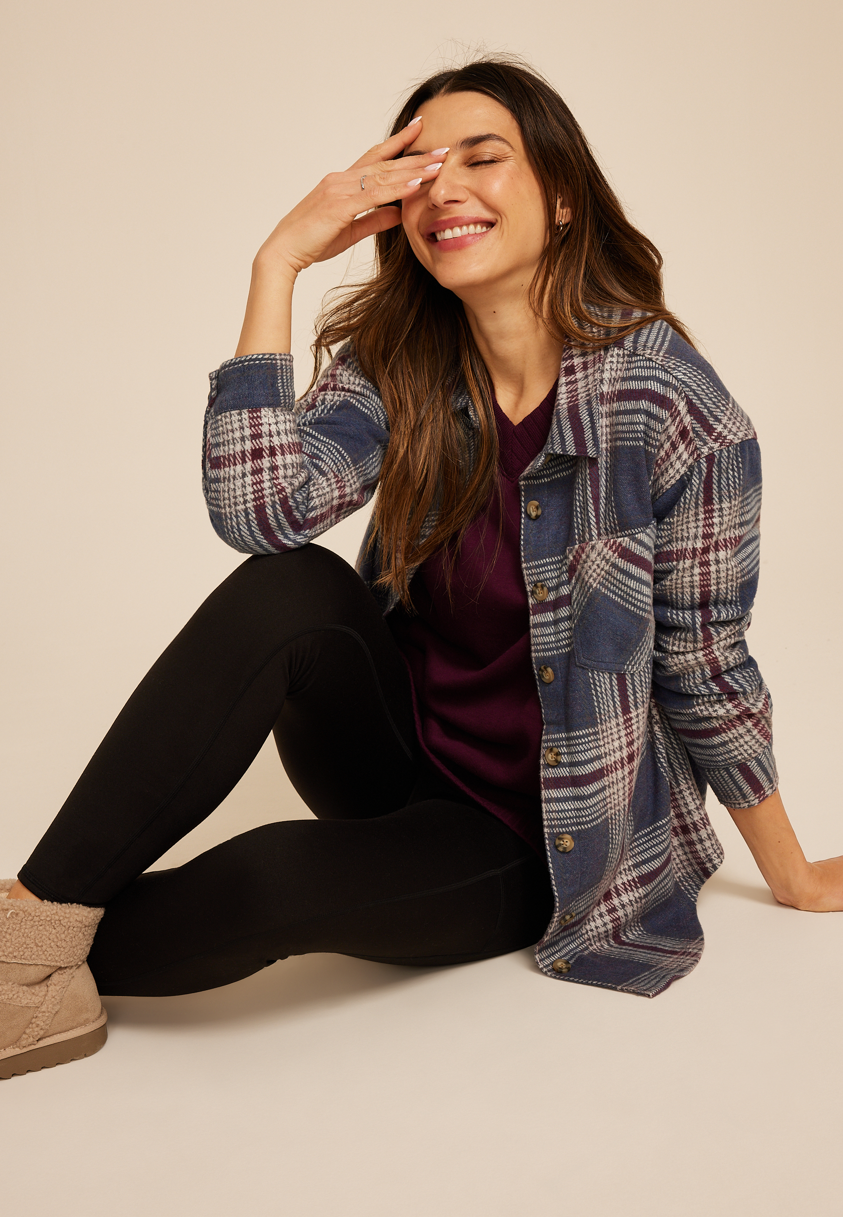 Plaid Boyfriend Tunic Button Down Shirt, C4131, large
