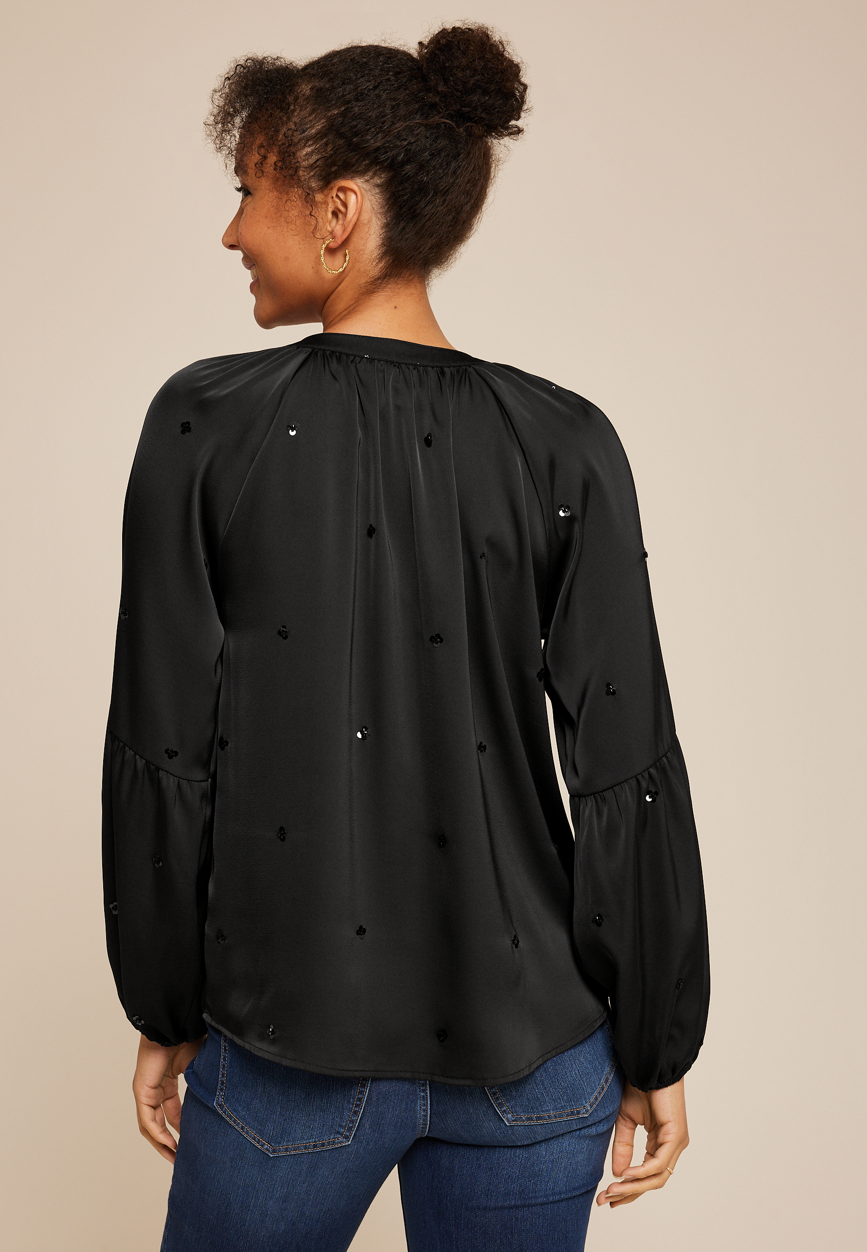 Sequin Embellished Balloon Sleeve Blouse, , large