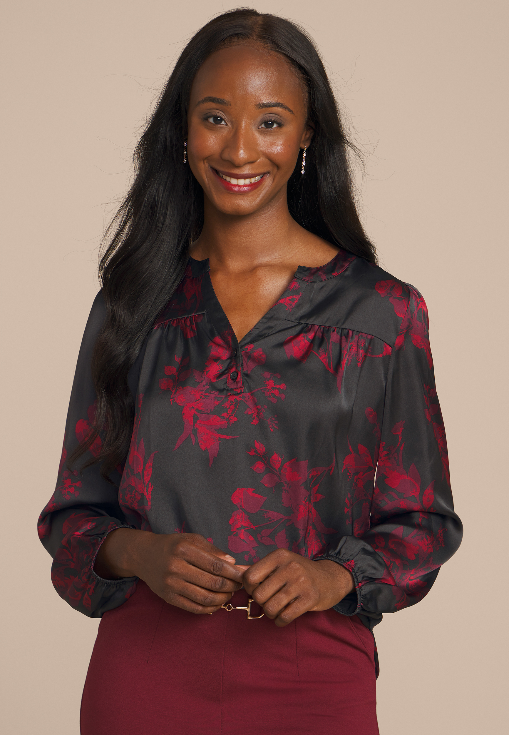 Black Satin Floral Print Blouse
