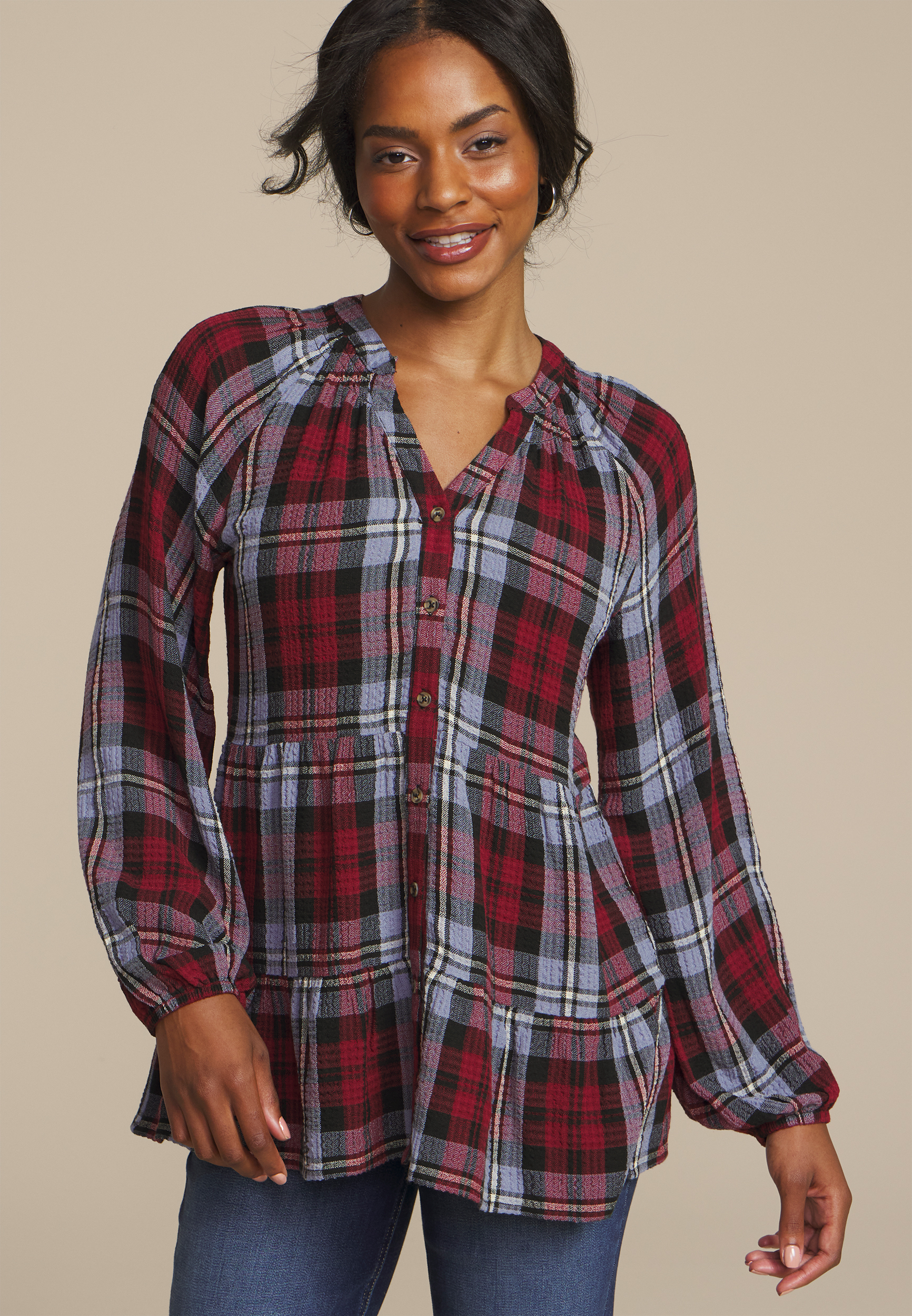 Plaid Tiered Button Front Blouse