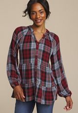 Plaid Tiered Button Front Blouse, BROWN RUBY COMBO, small