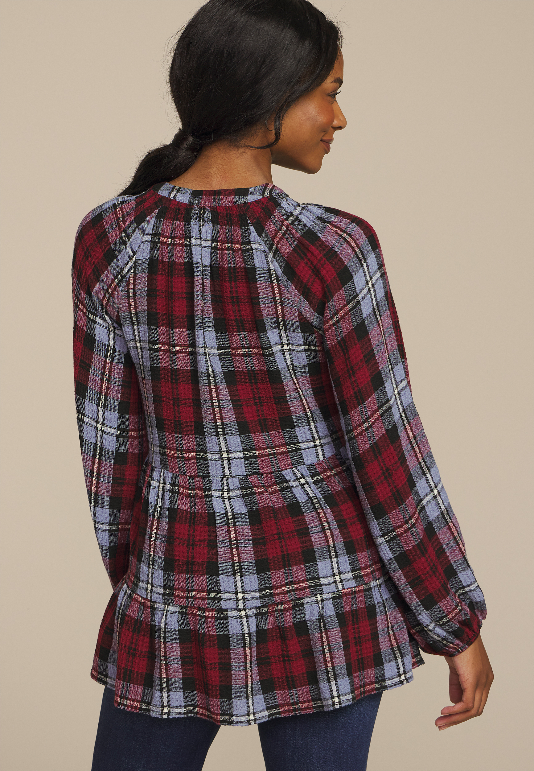 Plaid Tiered Button Front Blouse, BROWN RUBY COMBO, large