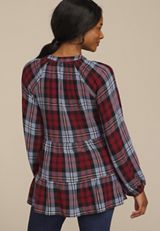 Plaid Tiered Button Front Blouse, BROWN RUBY COMBO, small