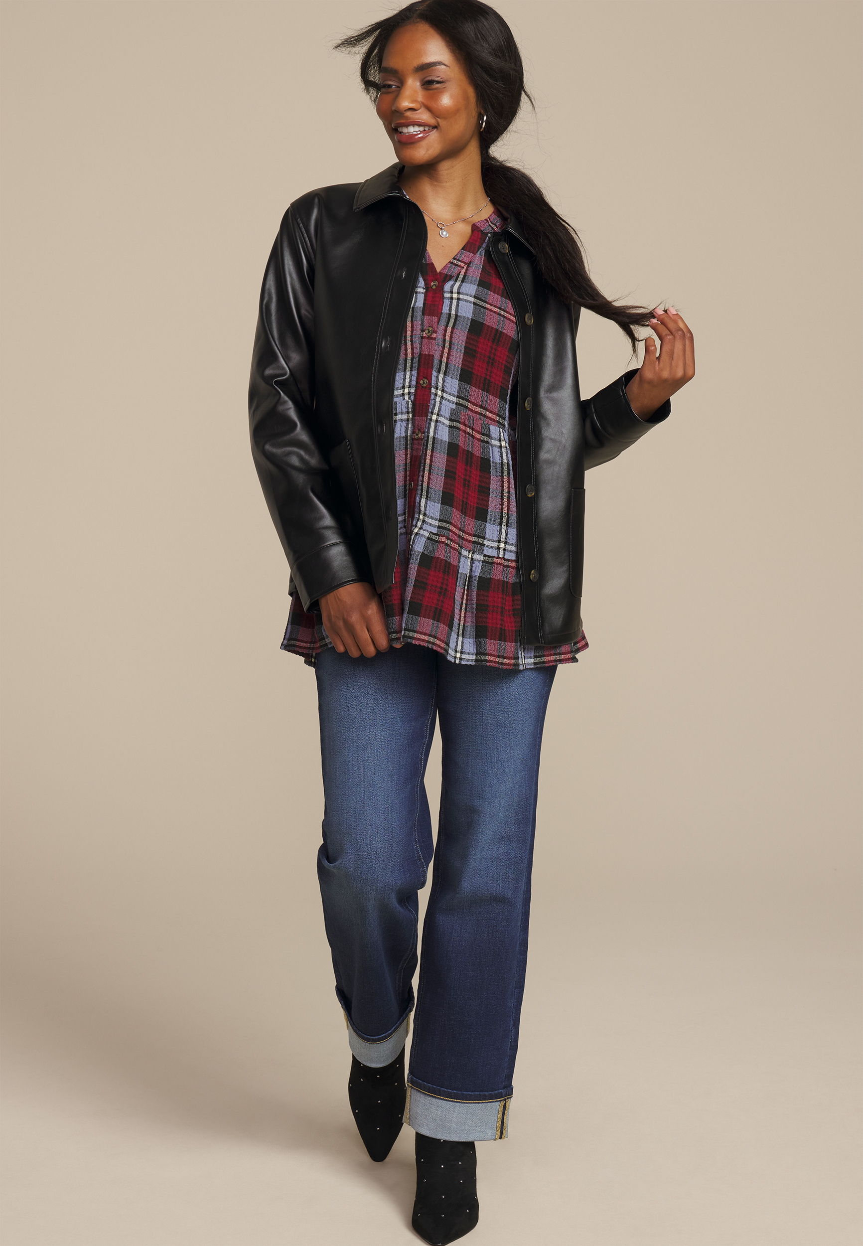 Plaid Tiered Button Front Blouse, BROWN RUBY COMBO, large