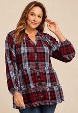 Plus Size Plaid Tiered Button Front Blouse, BROWN RUBY COMBO, small