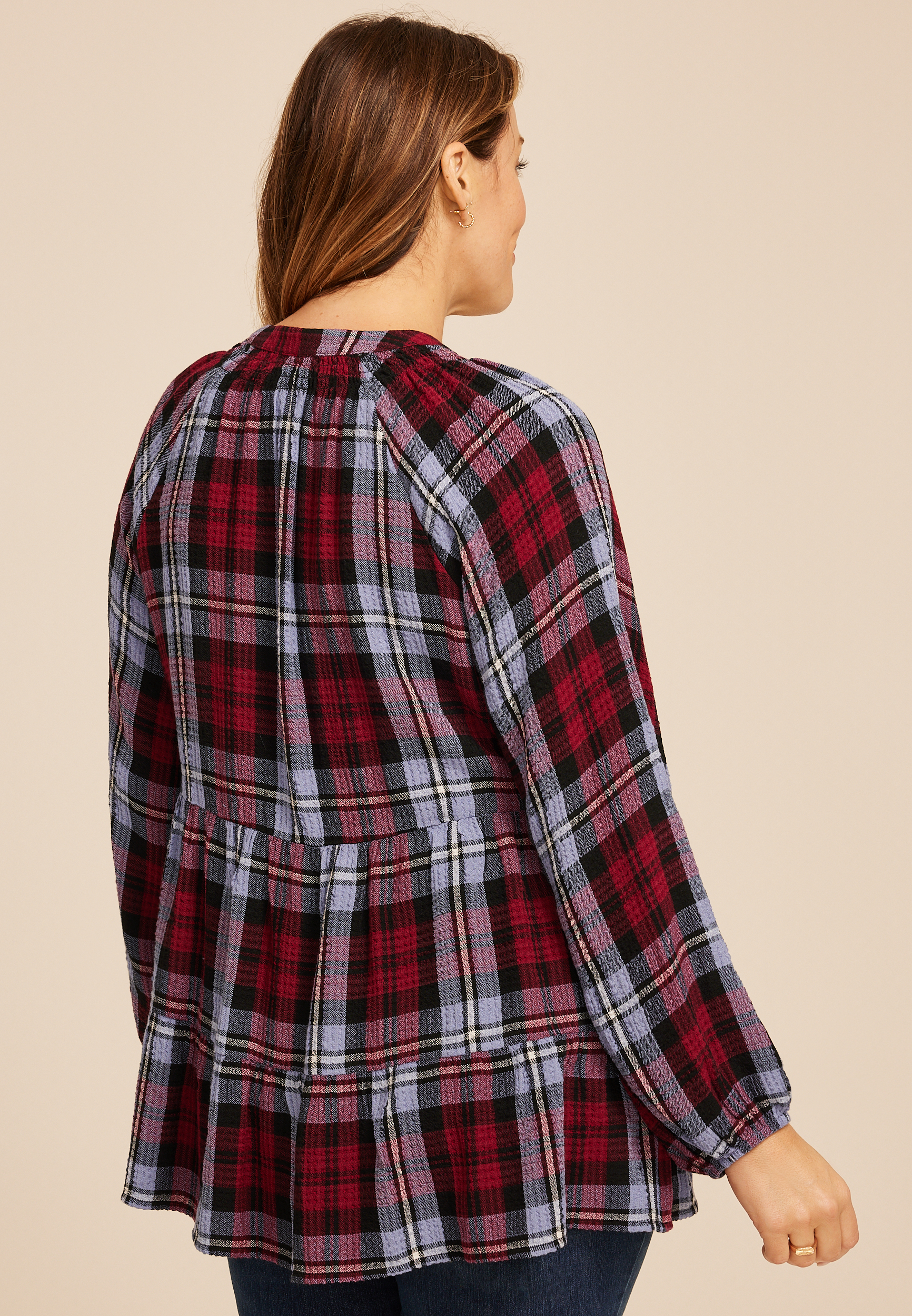 Plus Size Plaid Tiered Button Front Blouse, BROWN RUBY COMBO, large