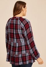 Plus Size Plaid Tiered Button Front Blouse, BROWN RUBY COMBO, small