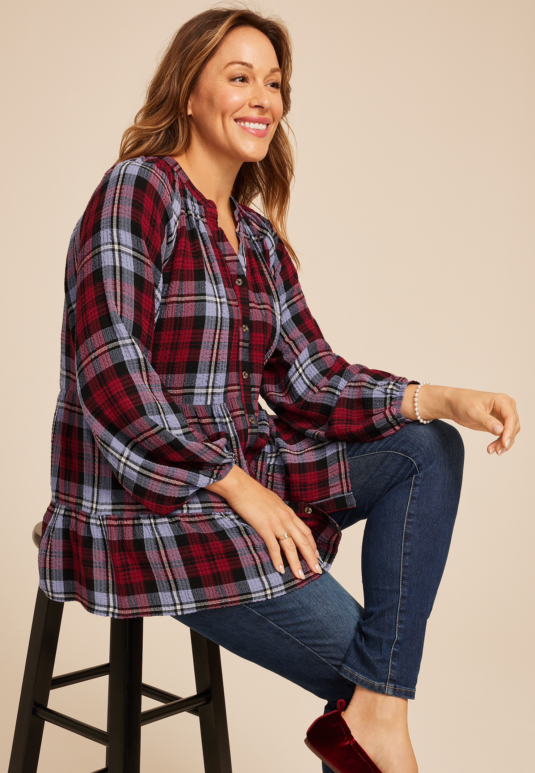 Plus Size Plaid Tiered Button Front Blouse, BROWN RUBY COMBO, large