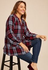 Plus Size Plaid Tiered Button Front Blouse, BROWN RUBY COMBO, small