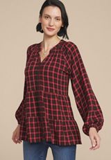 Plaid Tiered Button Front Blouse, , small