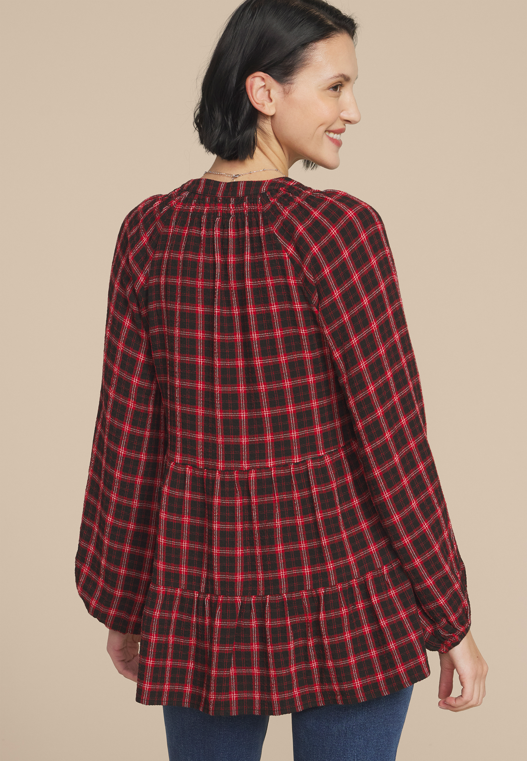 Plaid Tiered Button Front Blouse, , large
