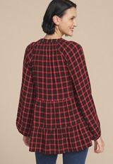 Plaid Tiered Button Front Blouse, , small