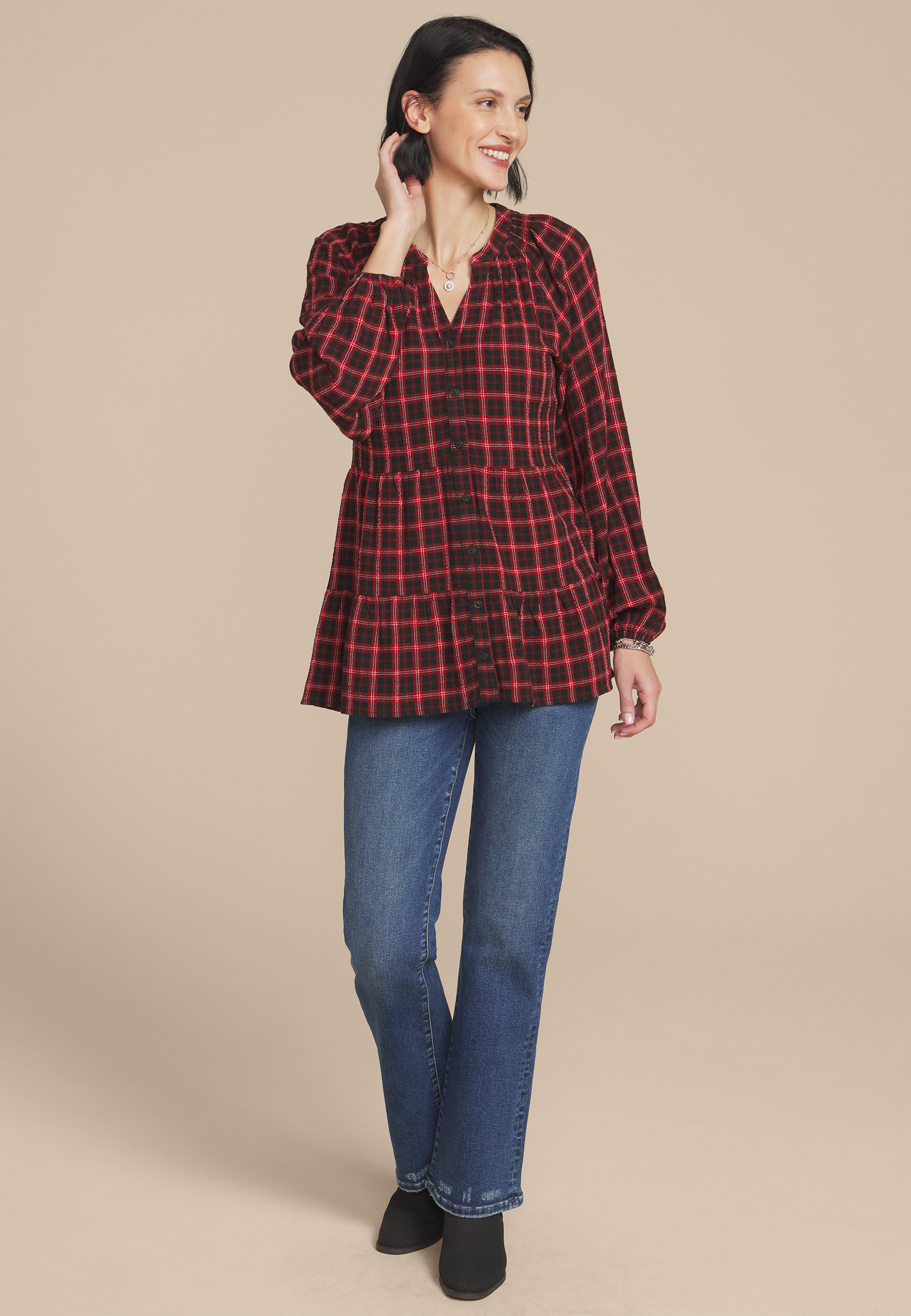 Plaid Tiered Button Front Blouse, , large