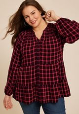 Plus Size Plaid Tiered Button Front Blouse, , small