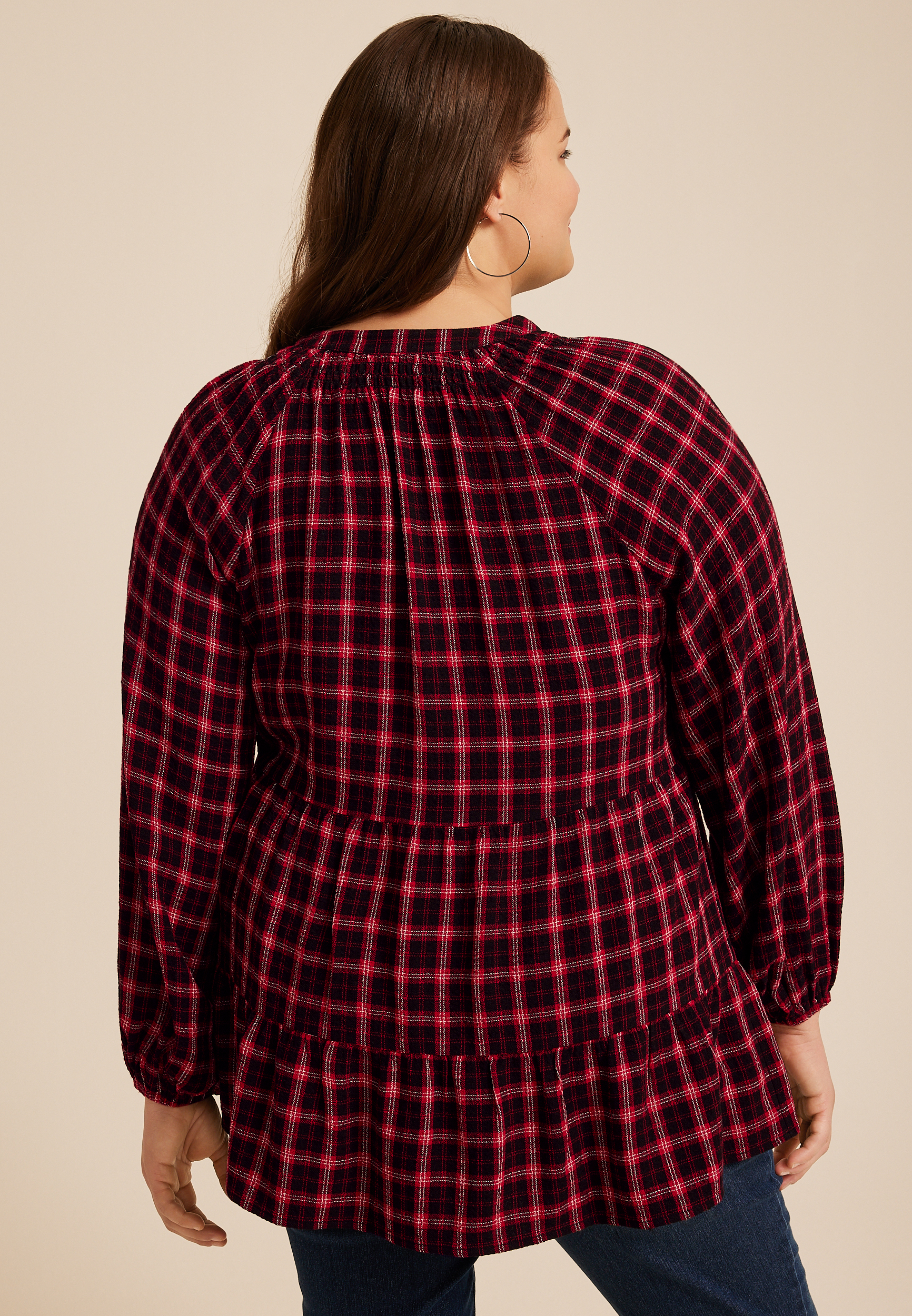 Plus Size Plaid Tiered Button Front Blouse, , large