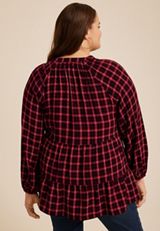Plus Size Plaid Tiered Button Front Blouse, , small