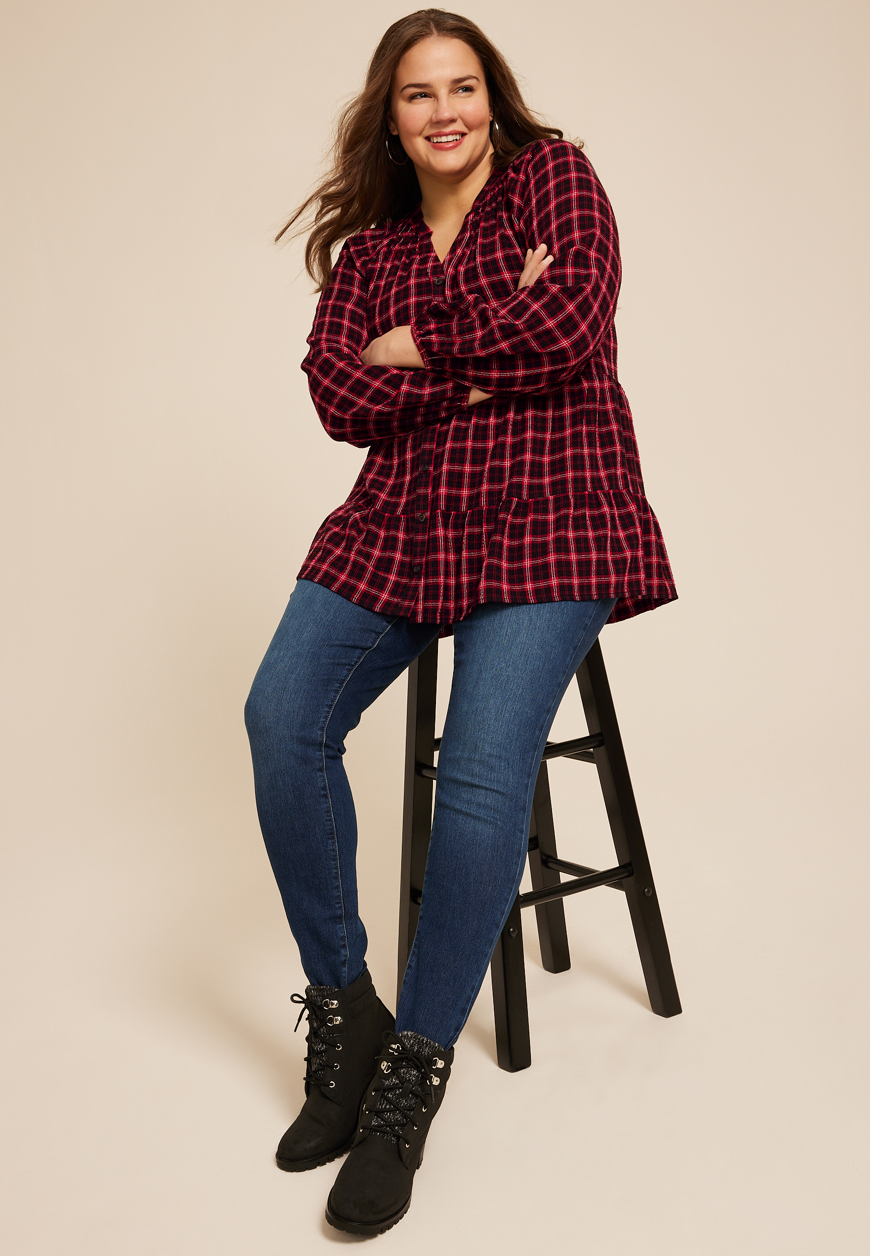 Plus Size Plaid Tiered Button Front Blouse, , large