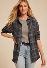 Metallic Plaid Boyfriend Tunic Button Down Shirt, C1756, small