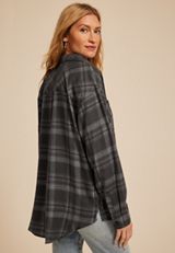 Metallic Plaid Boyfriend Tunic Button Down Shirt, C1756, small