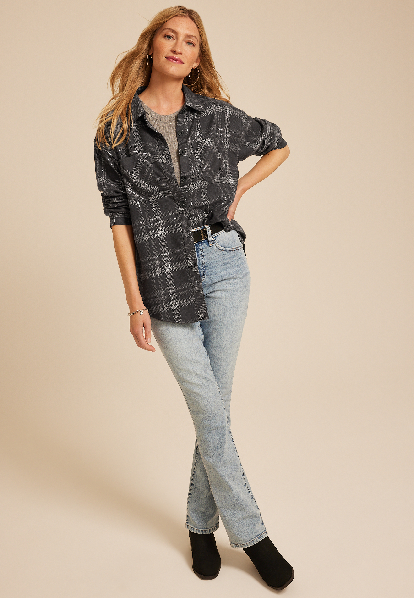 Metallic Plaid Boyfriend Tunic Button Down Shirt, C1756, large